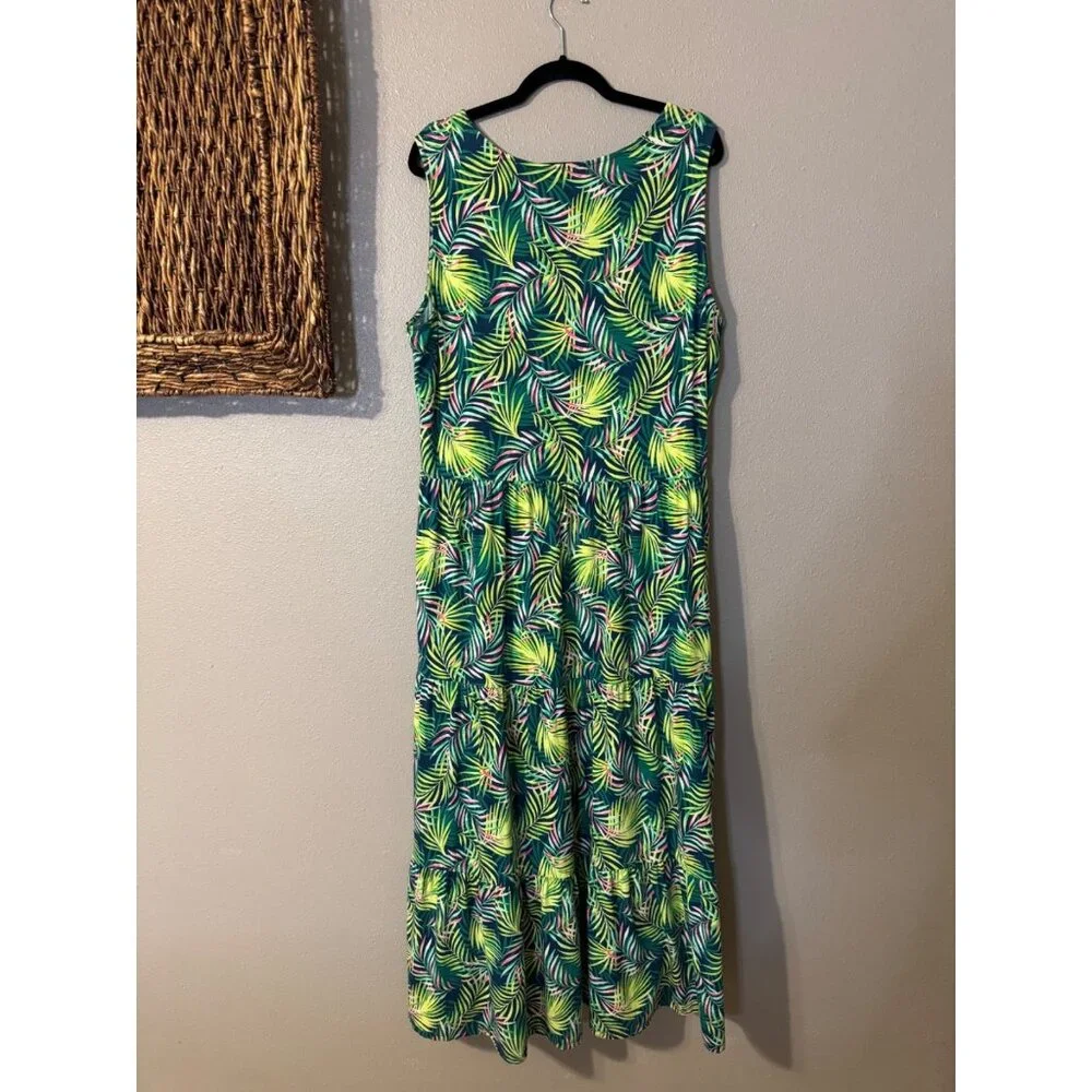 Lands End Maxi Tiered Dress 1X Stretch Cotton Modal Floral Washable NEW